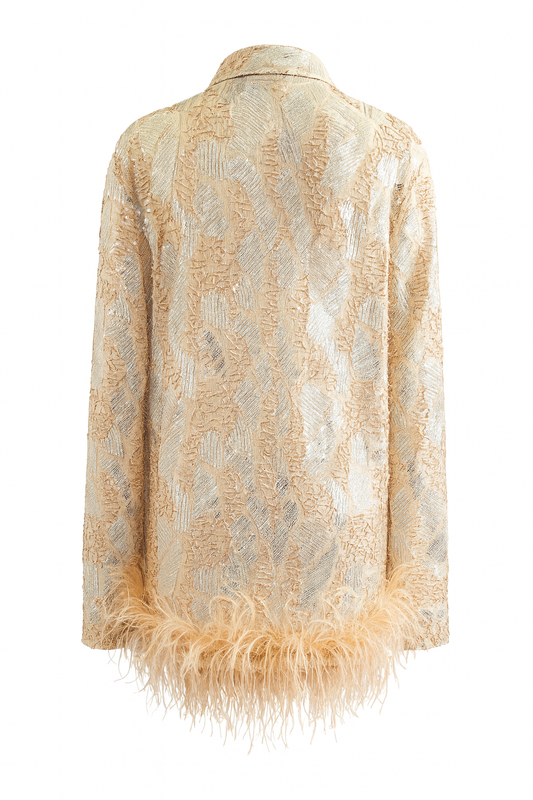 Bee Sequin Nude Silver Dress with Feather Trim