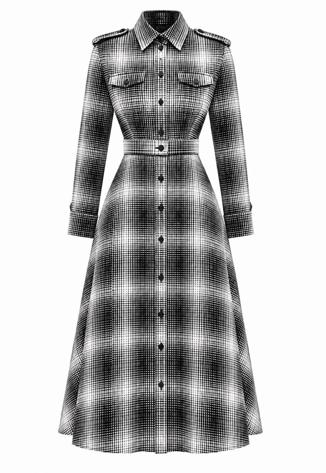 Black-Grid Spandex Shirt Dress