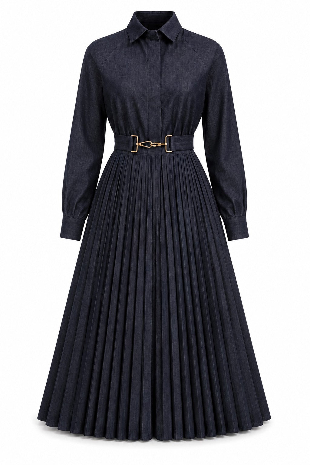 Long Sleeve Pleated Denim Belted Tea-Length Dress