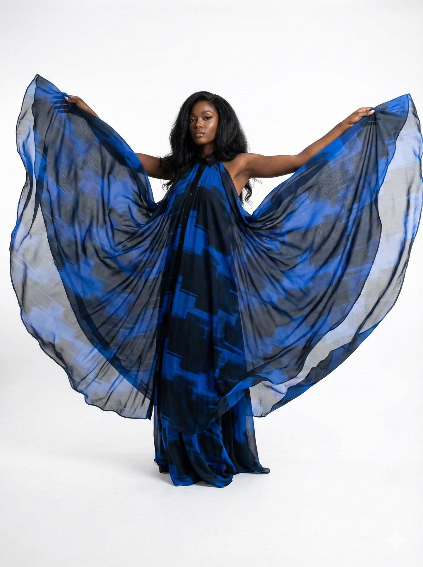 Abstract Blue Halter Maxi Dress