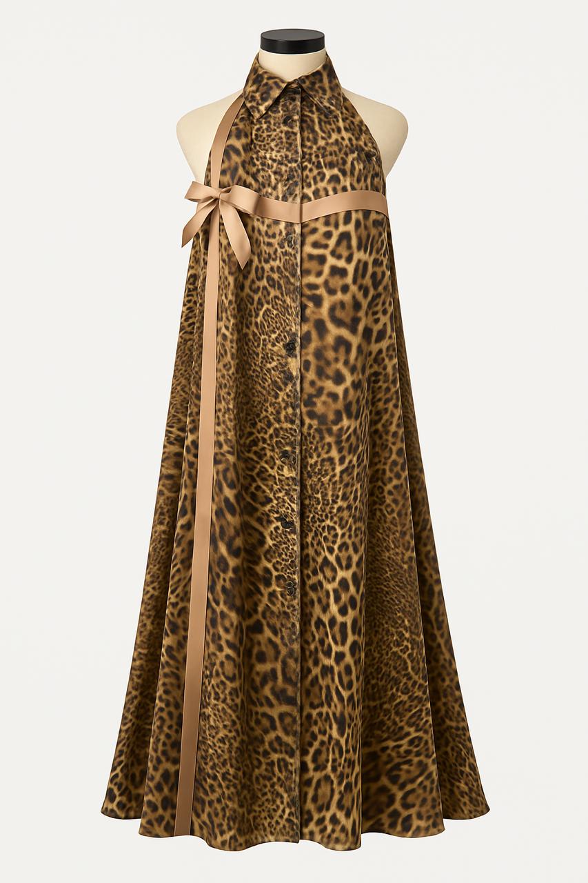 Leopard Halter Maxi Dress with Button-Front Detail