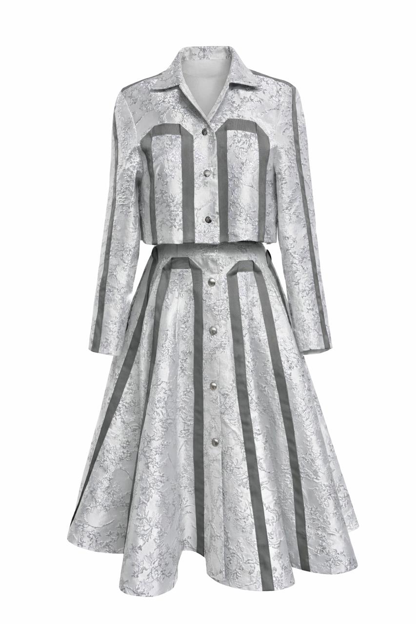 Nuru Brocade Crop Jacket And Flair Skirt