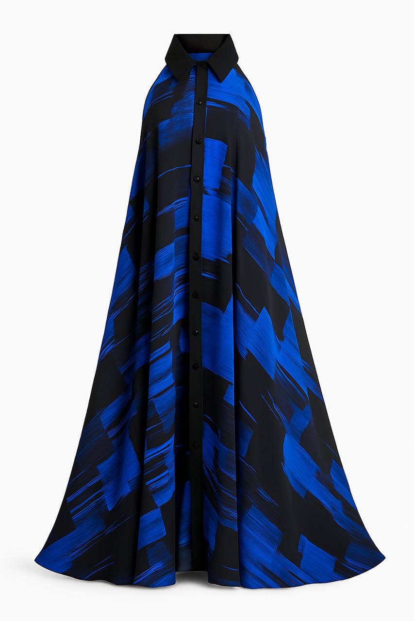 Abstract Blue Halter Maxi Dress