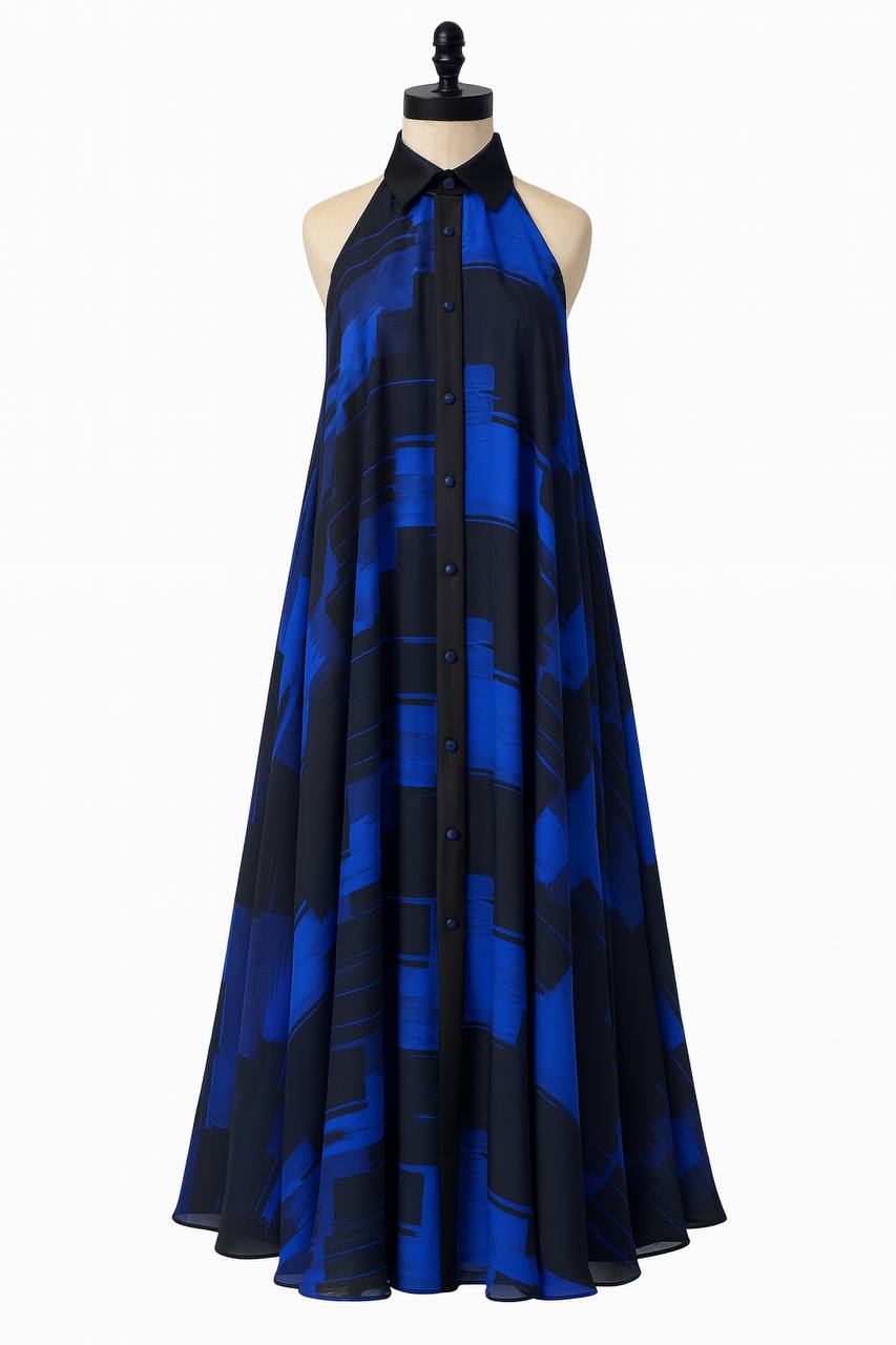 Abstract Blue Halter Maxi Dress
