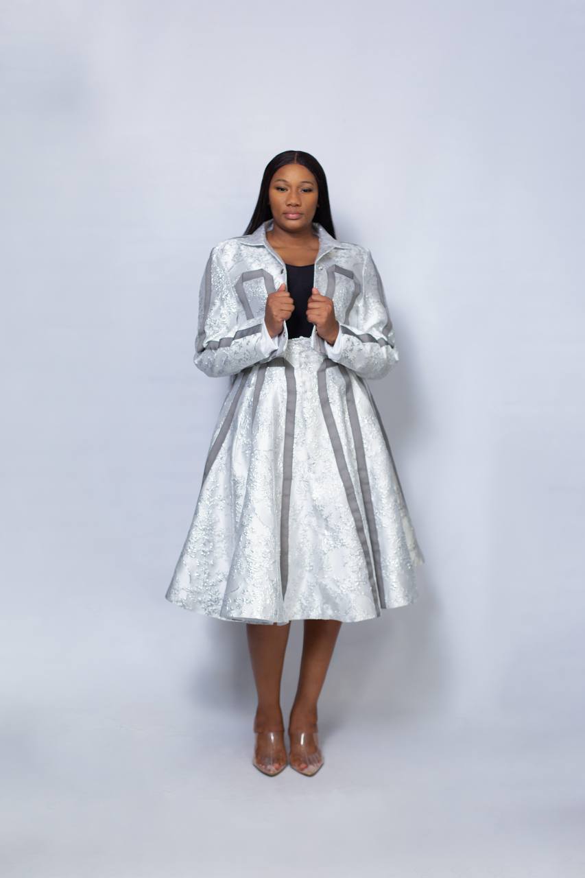 Nuru Brocade Crop Jacket And Flair Skirt