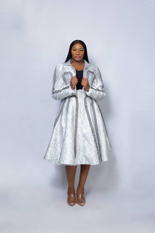 Nuru Brocade Crop Jacket And Flair Skirt