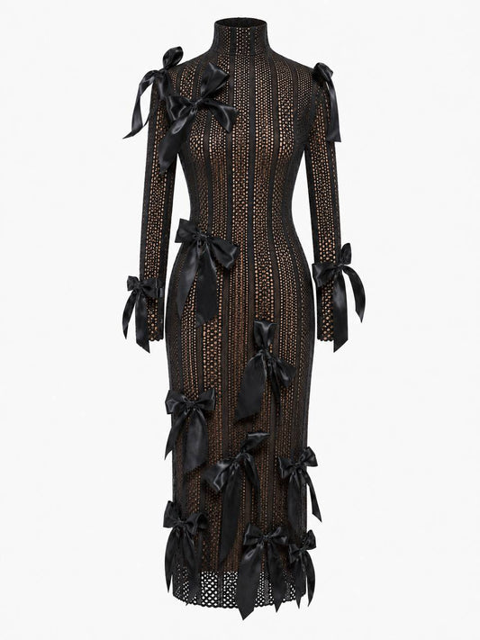 Nude Sable Form Ribbon Lace Dress