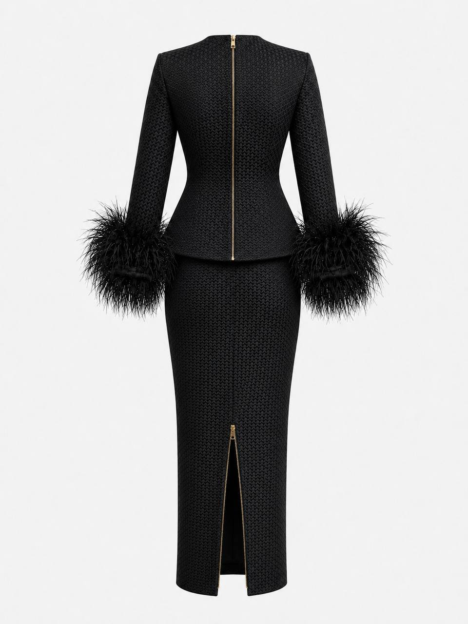 Sable Form Embossed Feathered Top and Skirt