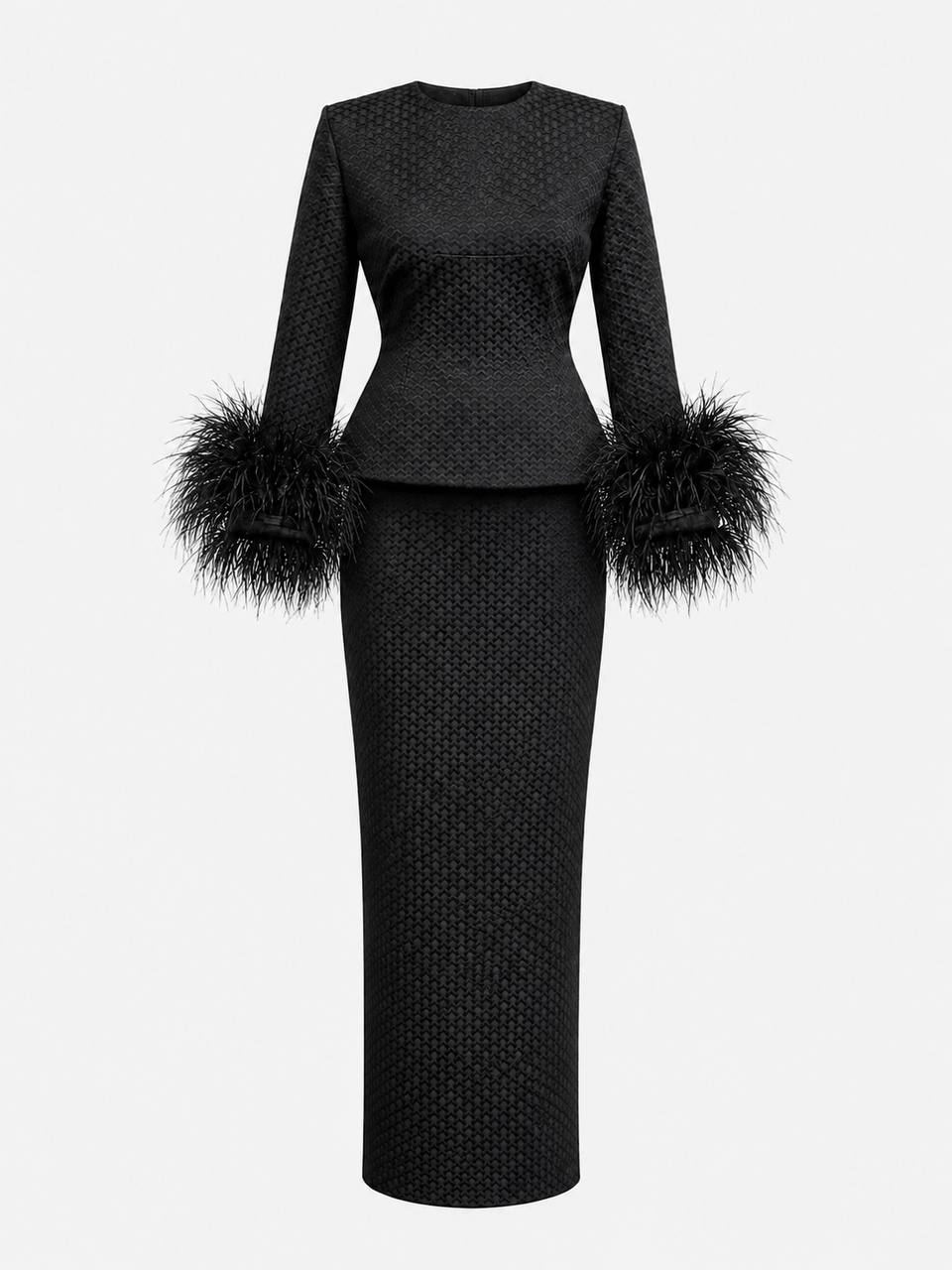 Sable Form Embossed Feathered Top and Skirt