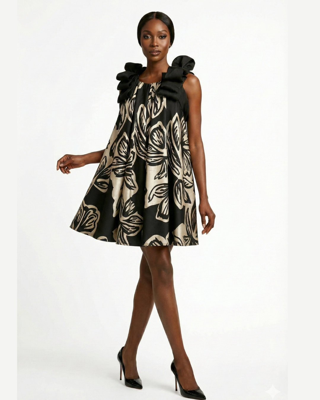 Silk Chiffon A-Line Dress with Sculpted Shoulder Detail