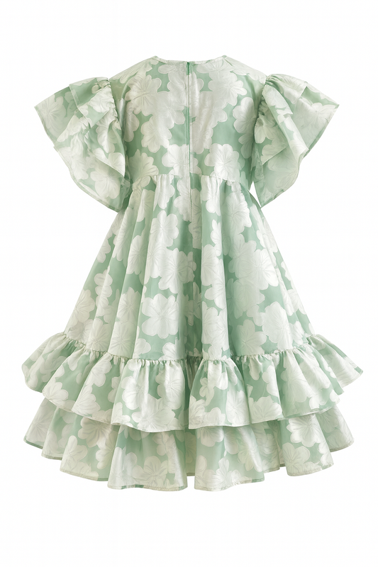 Mint Jacquard Organdy Ruffle Dress