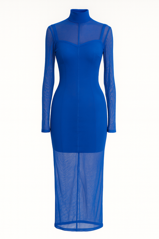 Blue Mesh Midi Dress with Inner Slip