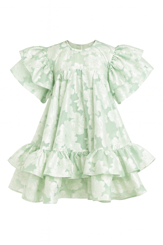 Mint Jacquard Organdy Ruffle Dress