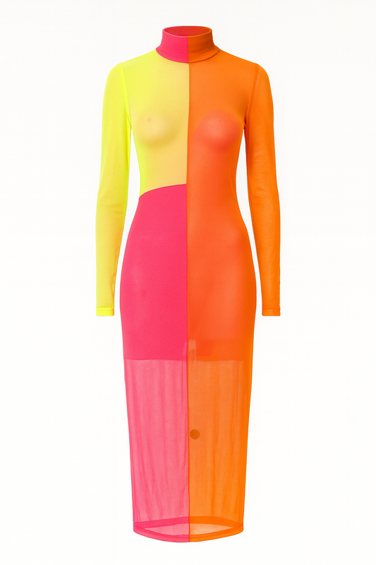 Mesh Colour-Block Midi Dress with Inner Slip