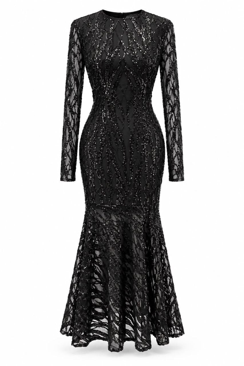 Black Sequin Lace Trumpet Dress