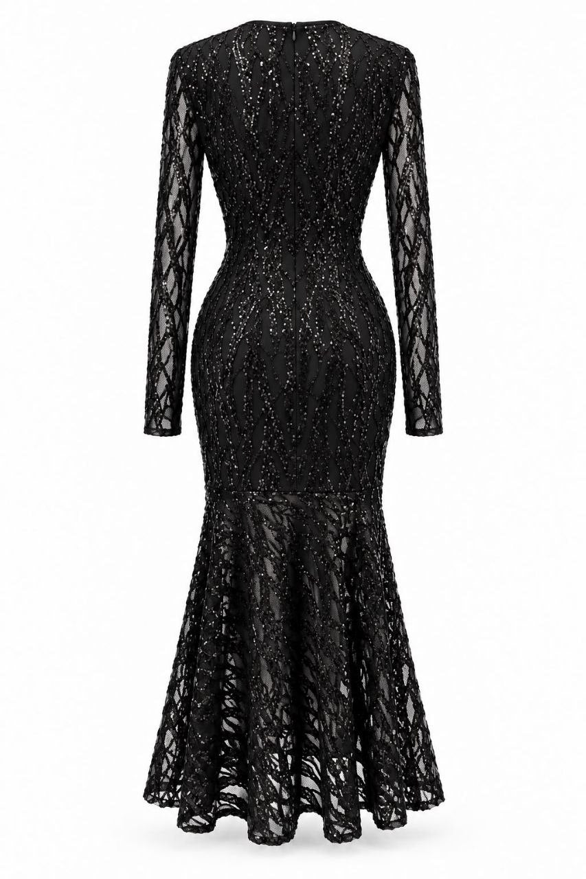 Black Sequin Lace Trumpet Dress