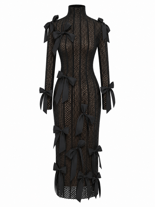 Nude Sable Form Ribbon Lace Dress