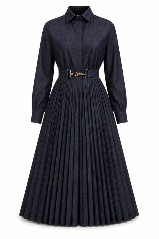 Long Sleeve Pleated Denim Belted Tea-Length Dress
